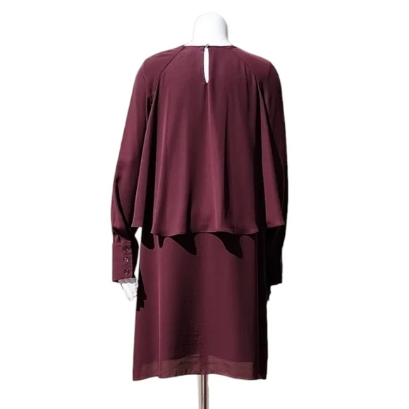 WHO WHAT WEAR WWW Burgundy Chiffon Caplet Dress L Cape Long Sleeve MODEST - Picture 6 of 16